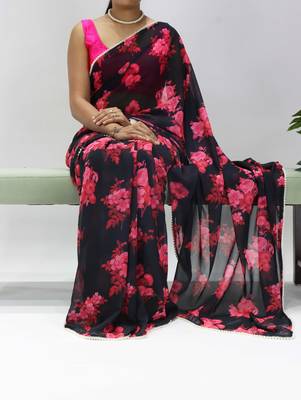 Black-pink floral printed weightless saree with unstitched blouse 1