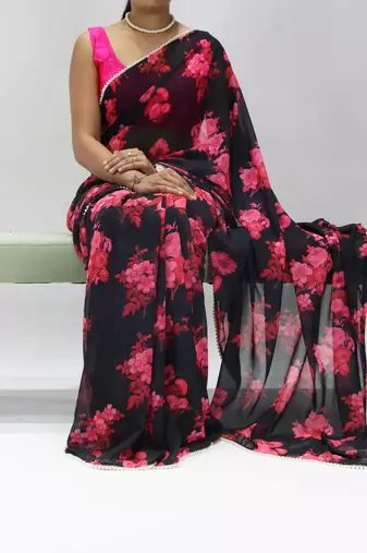 Black-pink floral printed weightless saree with unstitched blouse