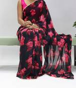 Black-pink floral printed weightless saree with unstitched blouse
