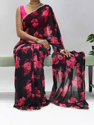 Black-pink floral printed weightless saree with unstitched blouse 2