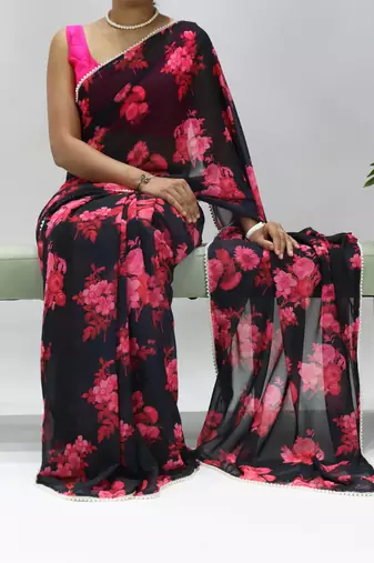 Black-pink floral printed weightless saree with unstitched blouse