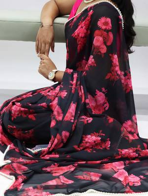 Black-pink floral printed weightless saree with unstitched blouse 3