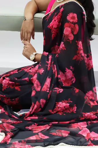 Black-pink floral printed weightless saree with unstitched blouse