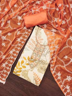 Women's white printed handwork dress material 1