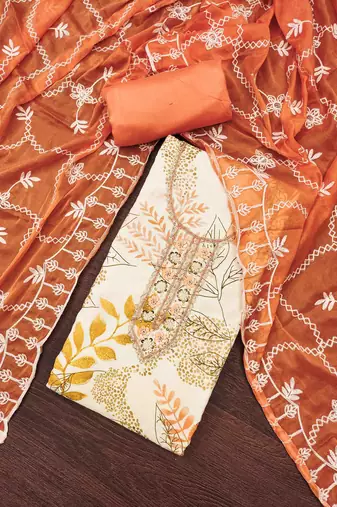 Women's white printed handwork dress material