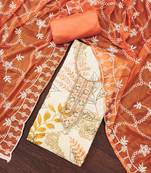 Women's white printed handwork dress material