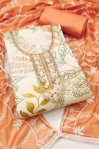 Women's white printed handwork dress material