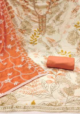 Women's white printed handwork dress material 3