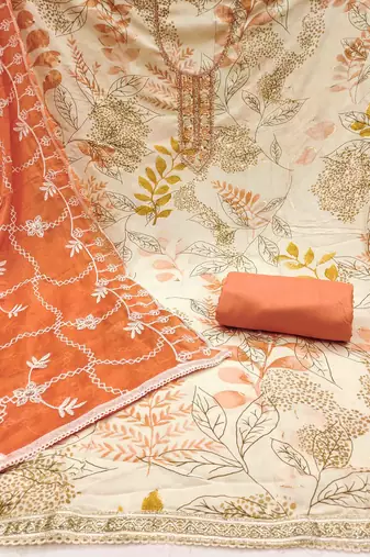 Women's white printed handwork dress material