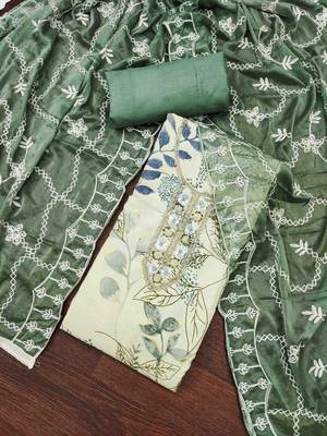 Women's white printed handwork dress material 1