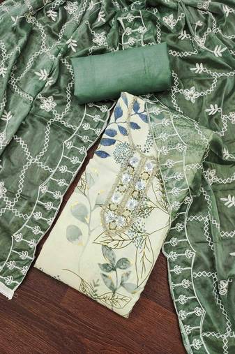 Women's white printed handwork dress material
