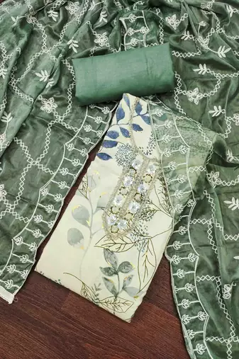 Women's white printed handwork dress material