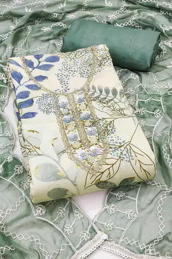 Women's white printed handwork dress material