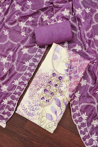 Women's white printed handwork dress material