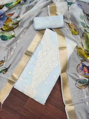 Women's sky blue handwork dress material 1