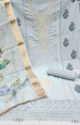 Women's sky blue handwork dress material 3