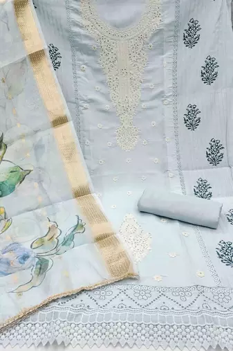 Women's sky blue handwork dress material