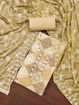 Women's beige handwork dress material 1