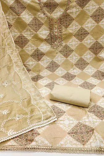 Women's beige handwork dress material