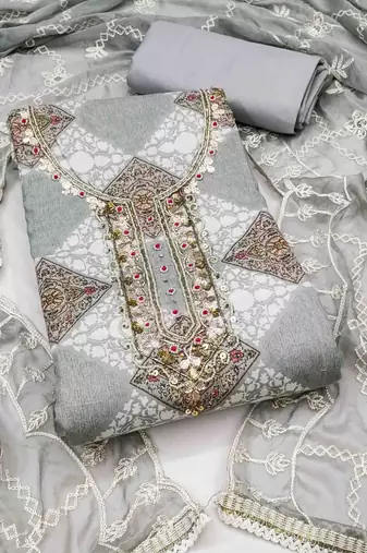 Women's grey handwork dress material