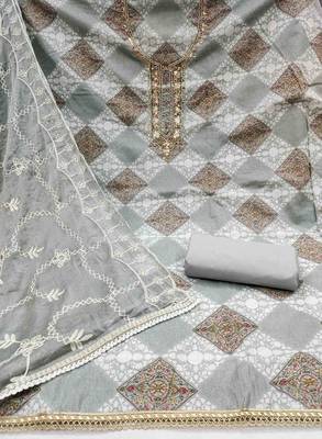 Women's grey handwork dress material 3