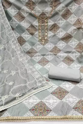 Women's grey handwork dress material