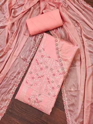 Women's peach handwork dress material 1