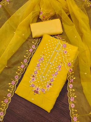 Women's yellow handwork dress material 1
