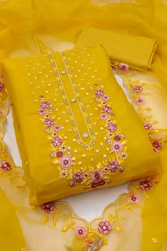 Women's yellow handwork dress material