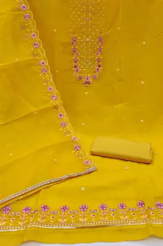 Women's yellow handwork dress material