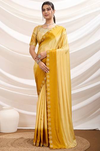 Yellow ombre dyed crepe dual tone stone border work saree with blouse