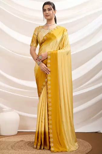 Yellow ombre dyed crepe dual tone stone border work saree with blouse