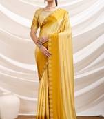Yellow ombre dyed crepe dual tone stone border work saree with blouse