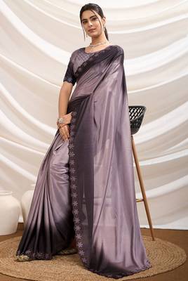Mauve ombre dyed crepe dual tone stone border work saree with blouse 1