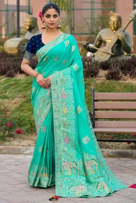 Turquoise pure dola silk jacquard woven saree with blouse 1