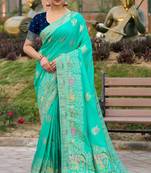 Turquoise pure dola silk jacquard woven saree with blouse