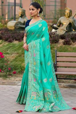 Turquoise pure dola silk jacquard woven saree with blouse 2