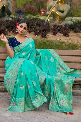 Turquoise pure dola silk jacquard woven saree with blouse 3