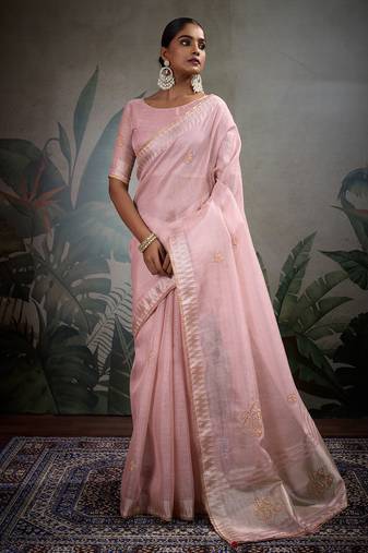 Pink linen tissue handwork butta zardosi, cutdana, pearl & thread work saree with blouse