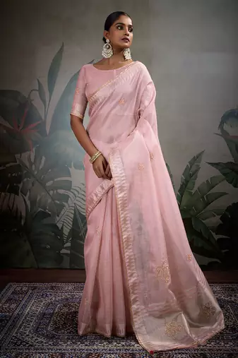 Pink linen tissue handwork butta zardosi, cutdana, pearl & thread work saree with blouse