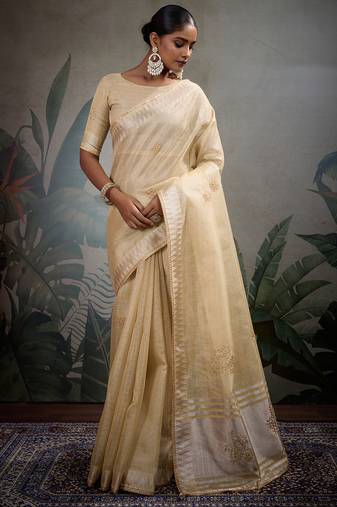 Beige linen tissue handwork butta zardosi, cutdana, pearl & thread work saree with blouse