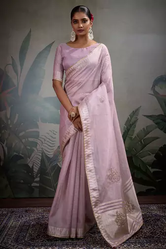 Light lavender linen tissue handwork butta zardosi, cutdana, pearl & thread work saree with blouse