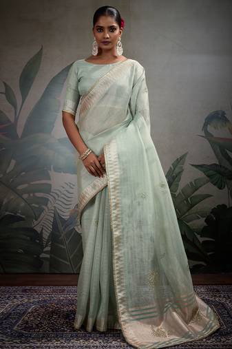 Light green linen tissue handwork butta zardosi, cutdana, pearl & thread work saree with blouse