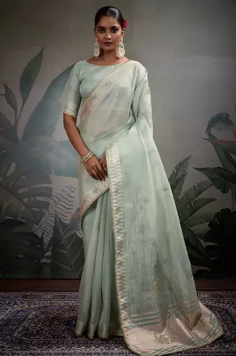 Light green linen tissue handwork butta zardosi, cutdana, pearl & thread work saree with blouse