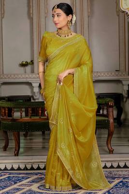 Mustard gold crush cutdana with zarkan work saree with blouse 1
