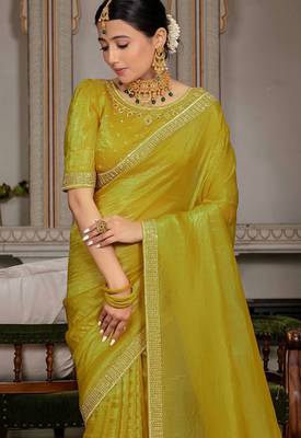 Mustard gold crush cutdana with zarkan work saree with blouse 2