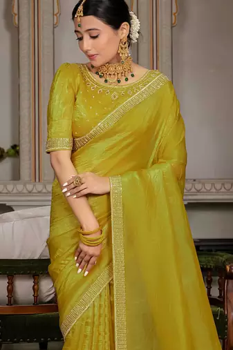 Mustard gold crush cutdana with zarkan work saree with blouse