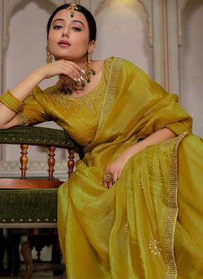 Mustard gold crush cutdana with zarkan work saree with blouse 3
