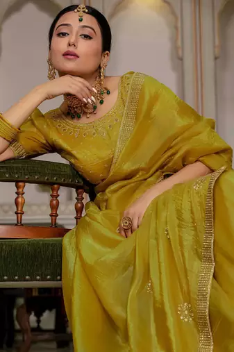 Mustard gold crush cutdana with zarkan work saree with blouse