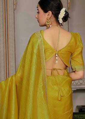 Mustard gold crush cutdana with zarkan work saree with blouse 4